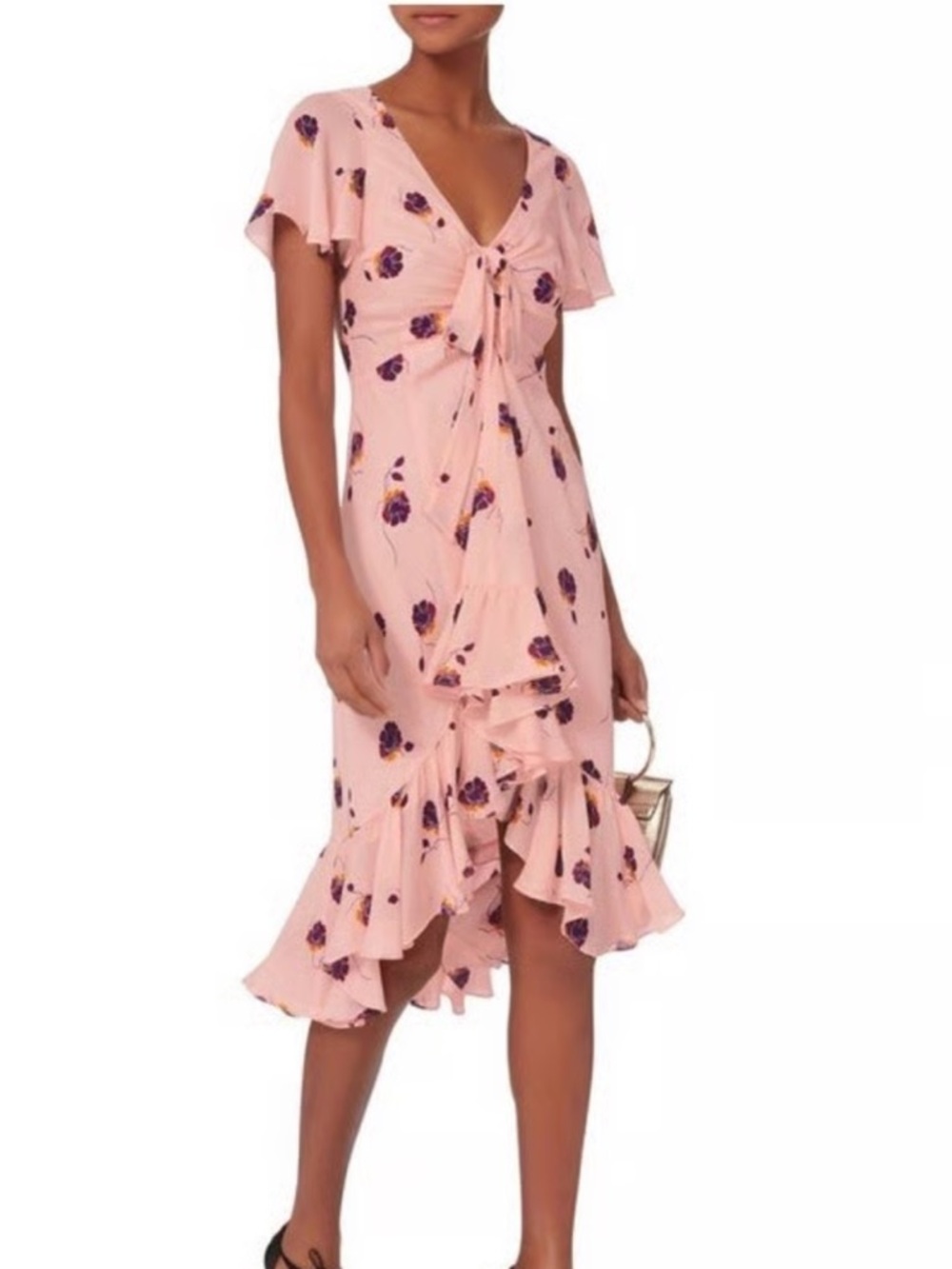 cinq à sept Pink Floral Ruffle-Trim Silk Dress